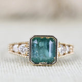 Art Deco Bezel Set Emerald Engagement Ring White Diamond 14k Solid Yellow Gold Vintage Ring
