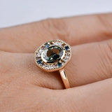 Art deco floral, solid 14k yellow gold engagement ring vintage olive green sapphire & multi diamond ring