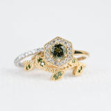 Hexagon Art Deco, Natural Green Round Sapphire Engagement Ring, 14k Yellow Gold White Diamond ring