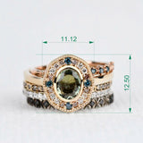 Art deco floral, solid 14k yellow gold engagement ring vintage olive green sapphire & multi diamond ring