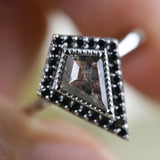 Salt and pepper Kite Diamond Art Deco Ring Black Diamond Halo 14k Solid Gold Engagement Ring