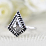 Salt and pepper Kite Diamond Art Deco Ring Black Diamond Halo 14k Solid Gold Engagement Ring