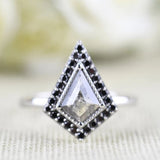 Salt and pepper Kite Diamond Art Deco Ring Black Diamond Halo 14k Solid Gold Engagement Ring