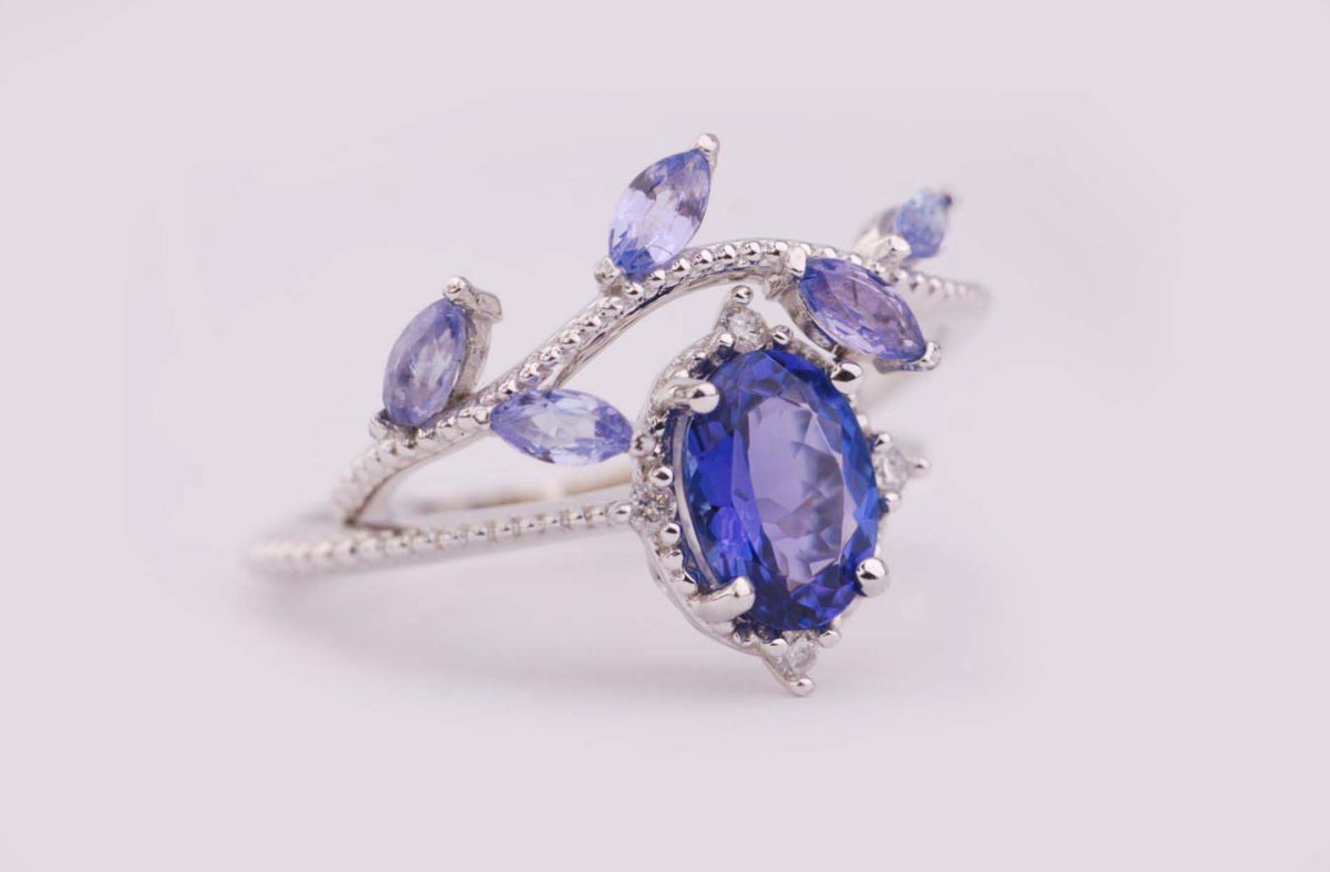 Vintage hand made Tanzanite Engagement ring 1.2 ct oval natural tanzanite ,  white diamond , solid rose gold yellow gold white gold ring