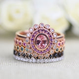 Special Baby Pink Sapphire Double Halo White Diamond Solid 14k Rose Gold Engagement Ring