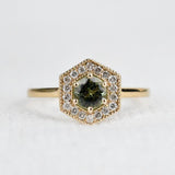 Hexagon Art Deco, Natural Green Round Sapphire Engagement Ring, 14k Yellow Gold White Diamond ring