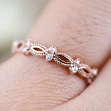 Art Deco Fresh Pearl and White Diamond Solid 14k Gold Wedding Band