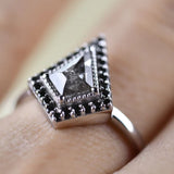 Salt and pepper Kite Diamond Art Deco Ring Black Diamond Halo 14k Solid Gold Engagement Ring