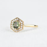 Hexagon Art Deco, Natural Green Round Sapphire Engagement Ring, 14k Yellow Gold White Diamond ring