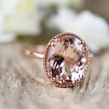 4.3 CT, Oval Morganite Solitary Engagement Ring, 14k Solid Rose Gold Ring