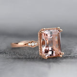 3 ct Emerald cut Morganite Solid 14k Rose Gold Vintage Engagement Ring