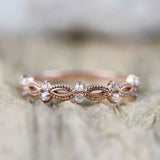 Art Deco Fresh Pearl and White Diamond Solid 14k Gold Wedding Band