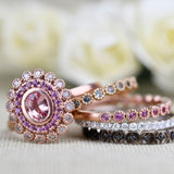 Special Baby Pink Sapphire Double Halo White Diamond Solid 14k Rose Gold Engagement Ring