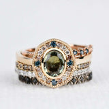 Art deco floral, solid 14k yellow gold engagement ring vintage olive green sapphire & multi diamond ring