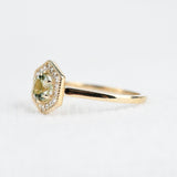 Hexagon Art Deco, Natural Green Round Sapphire Engagement Ring, 14k Yellow Gold White Diamond ring