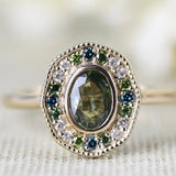 Art deco floral, solid 14k yellow gold engagement ring vintage olive green sapphire & multi diamond ring
