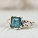 Art Deco Bezel Set Emerald Engagement Ring White Diamond 14k Solid Yellow Gold Vintage Ring