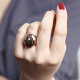 Big Oval Signet Cocktail Ring, 14k Solid Rose Gold Flower Hallow Signet Ring