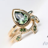 Apple Green Pear Green Sapphire , Vintage Solitary 14k Solid Yellow Gold Engagement Ring