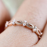 Art Deco Fresh Pearl and White Diamond Solid 14k Gold Wedding Band