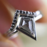 Salt and pepper Kite Diamond Double Shank Ring Black Diamond Halo 14k Solid Gold Attached Bridal Set