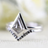 Salt and pepper Kite Diamond Double Shank Ring Black Diamond Halo 14k Solid Gold Attached Bridal Set