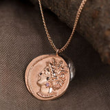 antique coin necklace, Crescent & Greek lady coin pendant with chain, solid 14k rose gold coin necklace