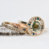 Art deco floral, solid 14k yellow gold engagement ring vintage olive green sapphire & multi diamond ring
