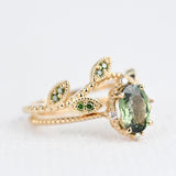 Special& Rare Olive Green Sapphire Vintage Engagement ring 1.2 ct oval sapphire ,white diamond , solid 14k yellow gold ring