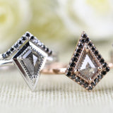 Salt and pepper Kite Diamond Double Shank Ring Black Diamond Halo 14k Solid Gold Attached Bridal Set