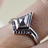 Salt and pepper Kite Diamond Double Shank Ring Black Diamond Halo 14k Solid Gold Attached Bridal Set