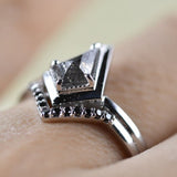 Salt and pepper Kite Diamond Double Shank Ring Black Diamond Halo 14k Solid Gold Attached Bridal Set