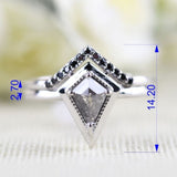 Salt and pepper Kite Diamond Double Shank Ring Black Diamond Halo 14k Solid Gold Attached Bridal Set