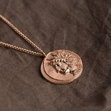 antique coin necklace, Crescent & Greek lady coin pendant with chain, solid 14k rose gold coin necklace