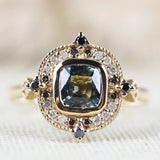 Special Teal green Sapphire & Multi Color Diamond Halo 14K Solid Gold Vintage Eengagement Rring