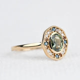 Art deco floral, solid 14k yellow gold engagement ring vintage olive green sapphire & multi diamond ring
