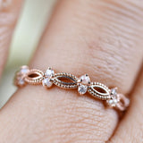 Art Deco Fresh Pearl and White Diamond Solid 14k Gold Wedding Band