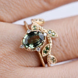 Special& Rare Olive Green Sapphire Vintage Engagement ring 1.2 ct oval sapphire ,white diamond , solid 14k yellow gold ring