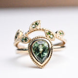 Apple Green Pear Green Sapphire , Vintage Solitary 14k Solid Yellow Gold Engagement Ring