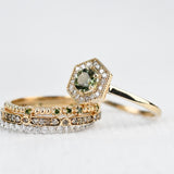 Hexagon Art Deco, Natural Green Round Sapphire Engagement Ring, 14k Yellow Gold White Diamond ring