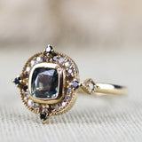 Special Teal green Sapphire & Multi Color Diamond Halo 14K Solid Gold Vintage Eengagement Rring