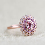 Special Baby Pink Sapphire Double Halo White Diamond Solid 14k Rose Gold Engagement Ring