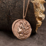 antique coin necklace, Crescent & Greek lady coin pendant with chain, solid 14k rose gold coin necklace