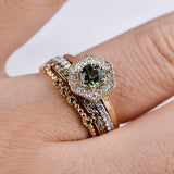 Hexagon Art Deco, Natural Green Round Sapphire Engagement Ring, 14k Yellow Gold White Diamond ring