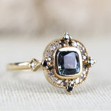 Special Teal green Sapphire & Multi Color Diamond Halo 14K Solid Gold Vintage Eengagement Rring