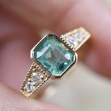 Art Deco Bezel Set Emerald Engagement Ring White Diamond 14k Solid Yellow Gold Vintage Ring