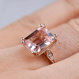 3 ct Emerald cut Morganite Solid 14k Rose Gold Vintage Engagement Ring
