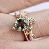Special& Rare Olive Green Sapphire Vintage Engagement ring 1.2 ct oval sapphire ,white diamond , solid 14k yellow gold ring