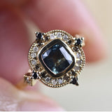 Special Teal green Sapphire & Multi Color Diamond Halo 14K Solid Gold Vintage Eengagement Rring