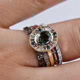 Art deco floral, solid 14k yellow gold engagement ring vintage olive green sapphire & multi diamond ring